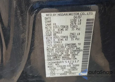 2007 Nissan Xterra S z USA, uszkodzony, nr VIN 5N1AN08U07C537517